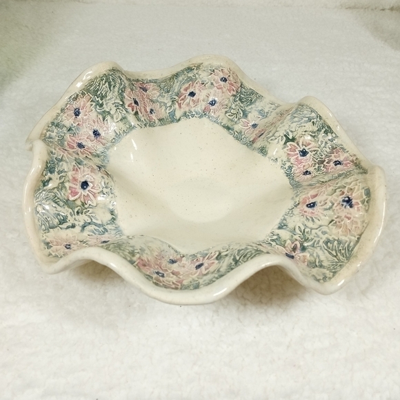 Hand Spun Pottery Bowl Raised Flower Design by D.K. Mc Bride Pottery - Picture 2 of 9